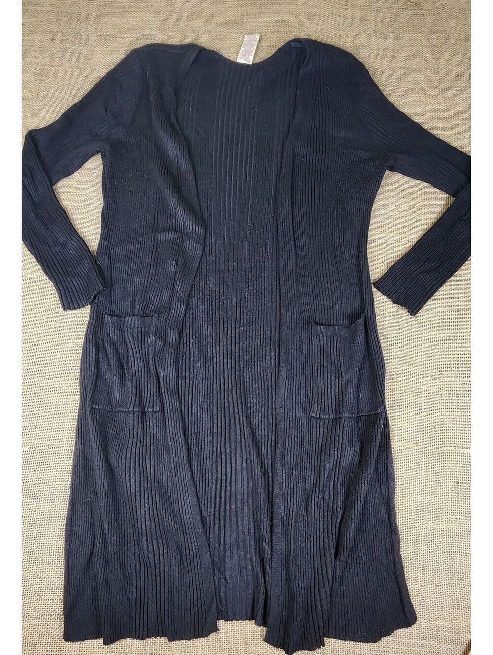 Long Black Ribbed Knit Cardigan with Pockets